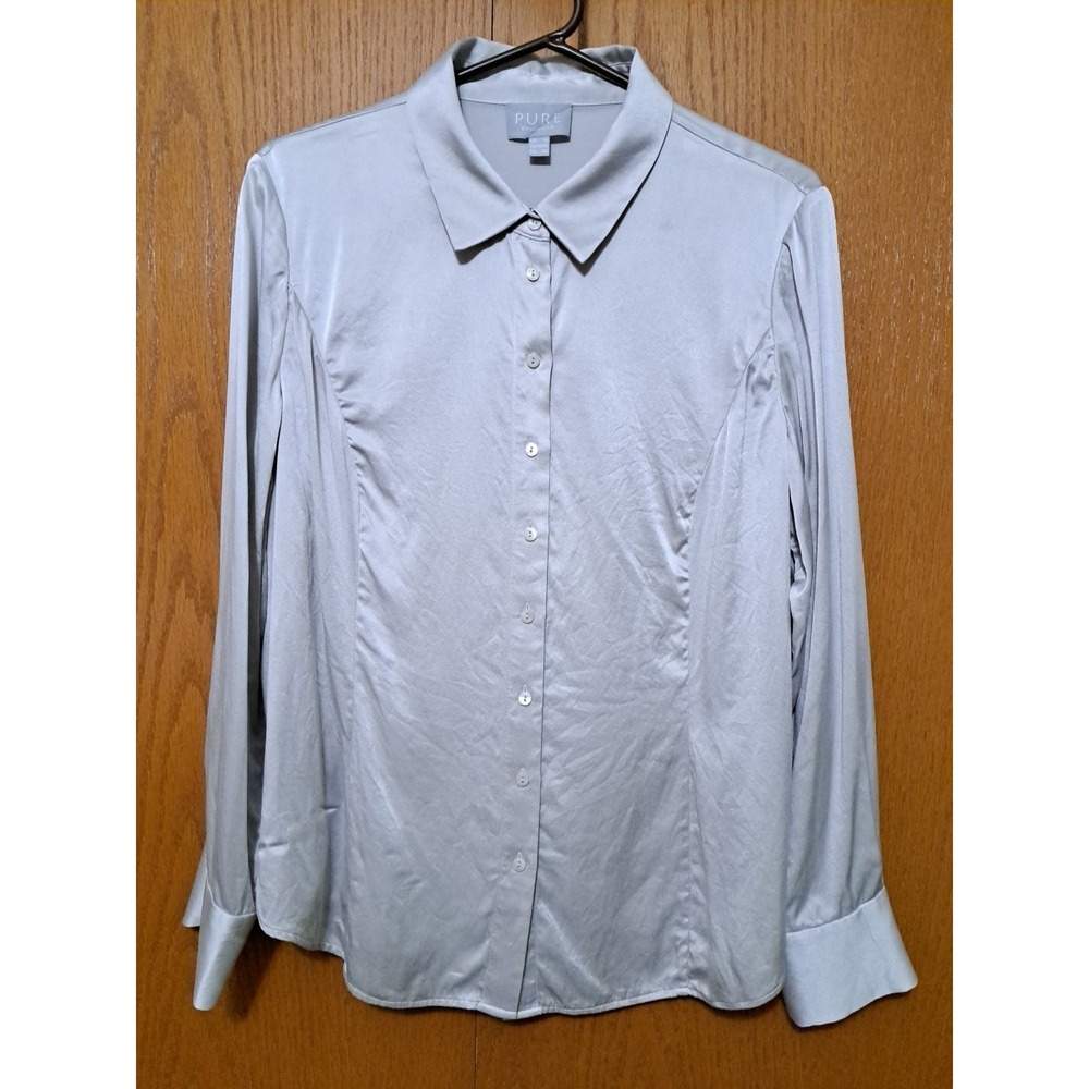 Pure Collection Women's Silk Grey Long Sleeve Button Up Shirt Blouse Size 14/16